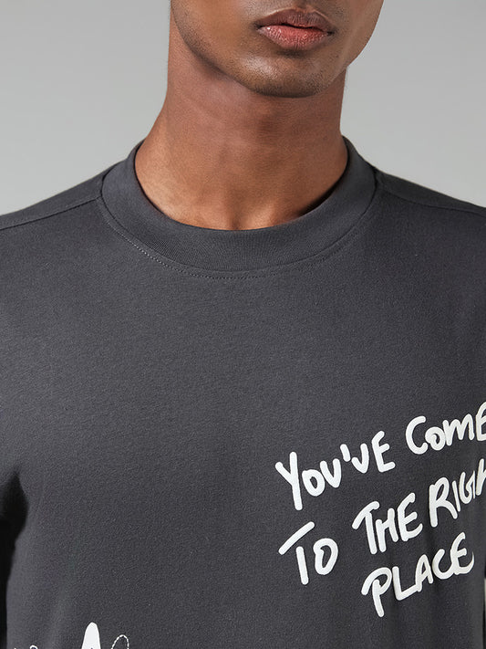 Nuon Grey Typographic Printed Regular Fit T-Shirt