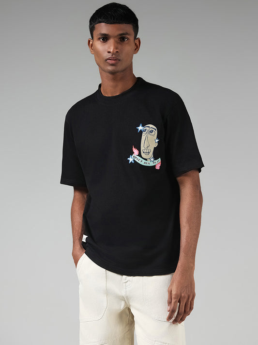 Nuon Black Typographic Printed Regular Fit T-Shirt