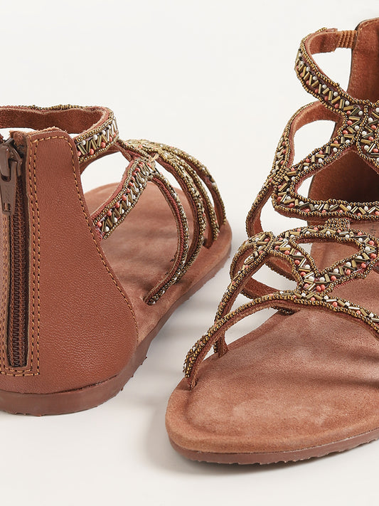 LUNA BLU Brown Embellished Gladiator Sandals