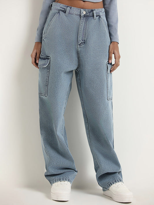 Nuon Light Blue Mid-Rise Cargo Jeans