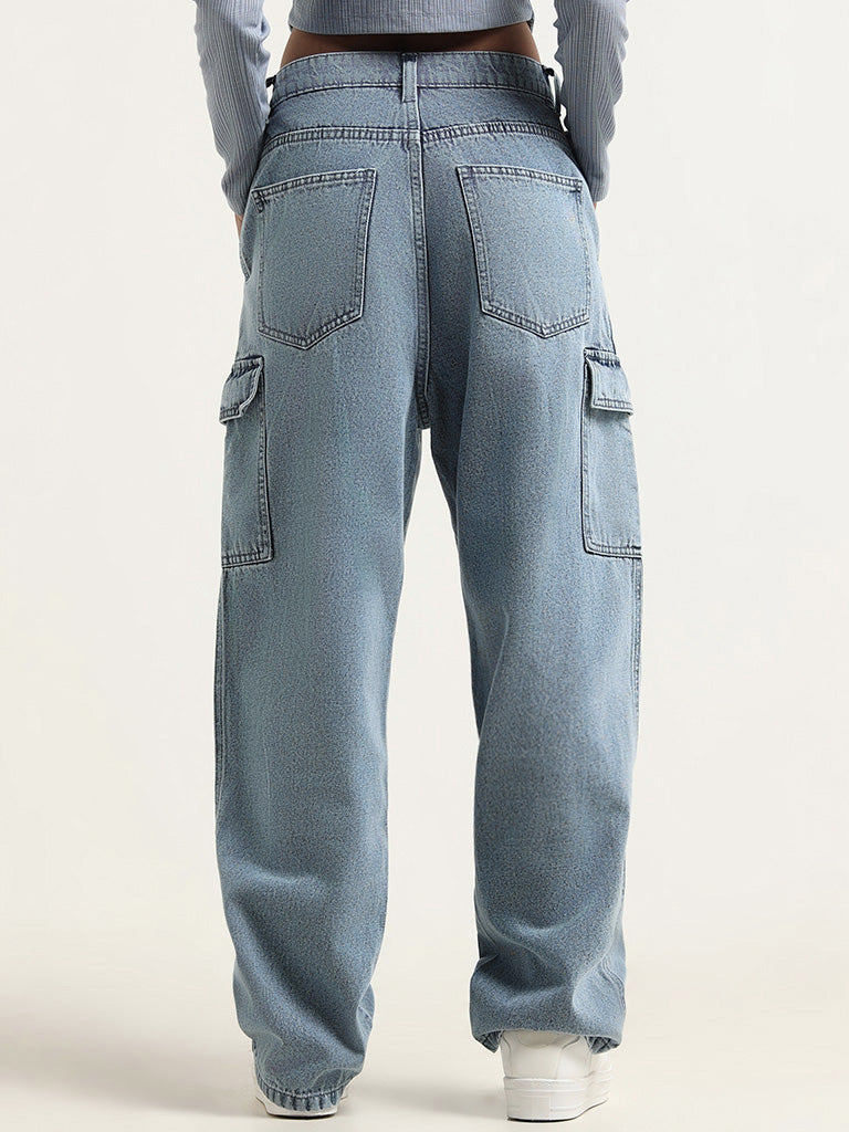 Nuon Light Blue Mid-Rise Cargo  Relaxed Fit Jeans