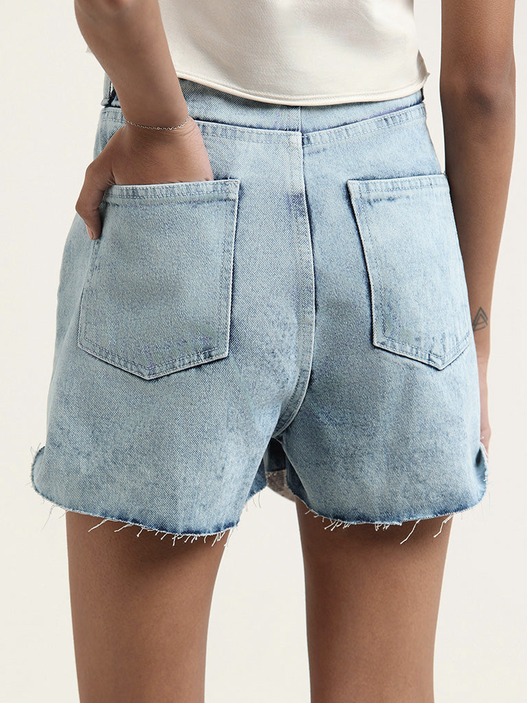 Nuon Mid Blue Ripped Denim Shorts