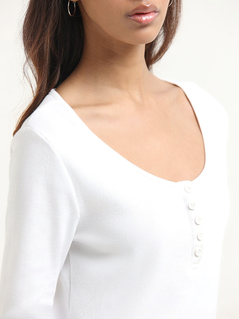 Nuon White Cotton Blend Ribbed Top