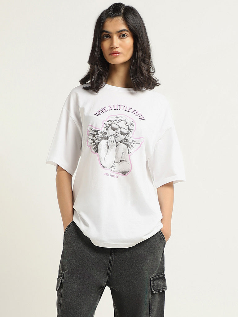 Nuon White Printed T-Shirt