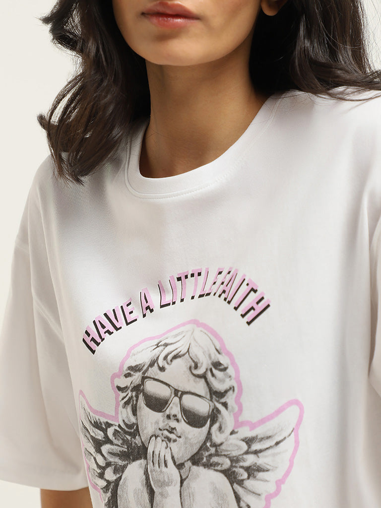 Nuon White Printed Cotton T-Shirt