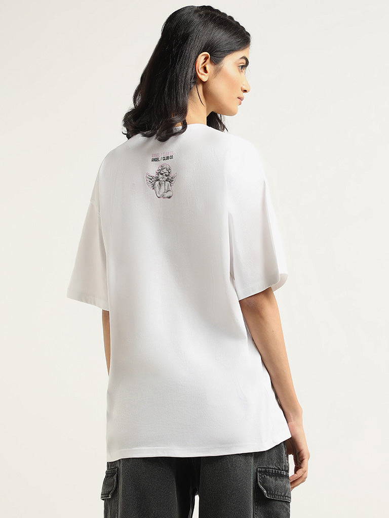 Nuon White Printed Cotton T-Shirt