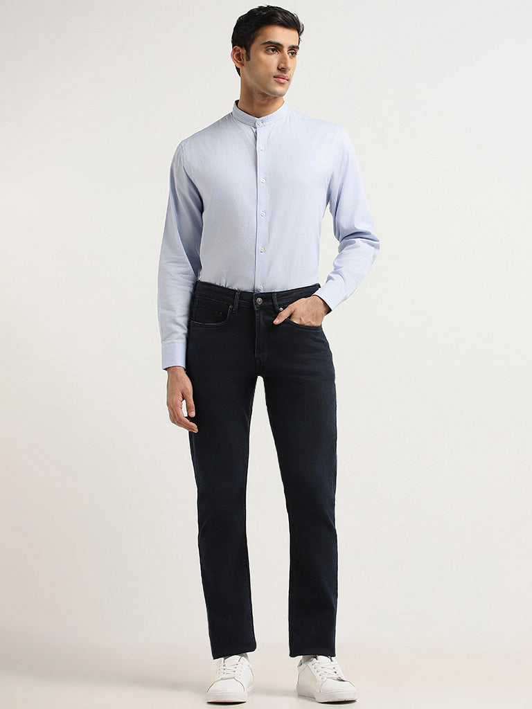 Ascot Blue Solid Relaxed Fit Blended Linen Shirt