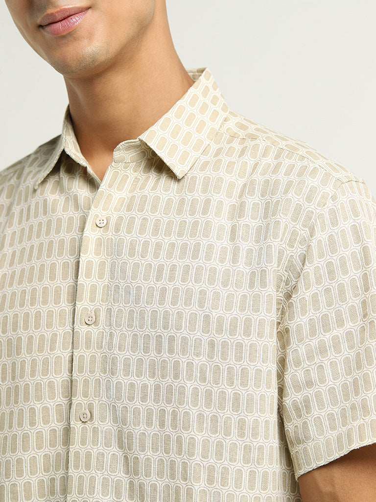 Ascot Beige Printed Relaxed Fit Blended Linen Shirt