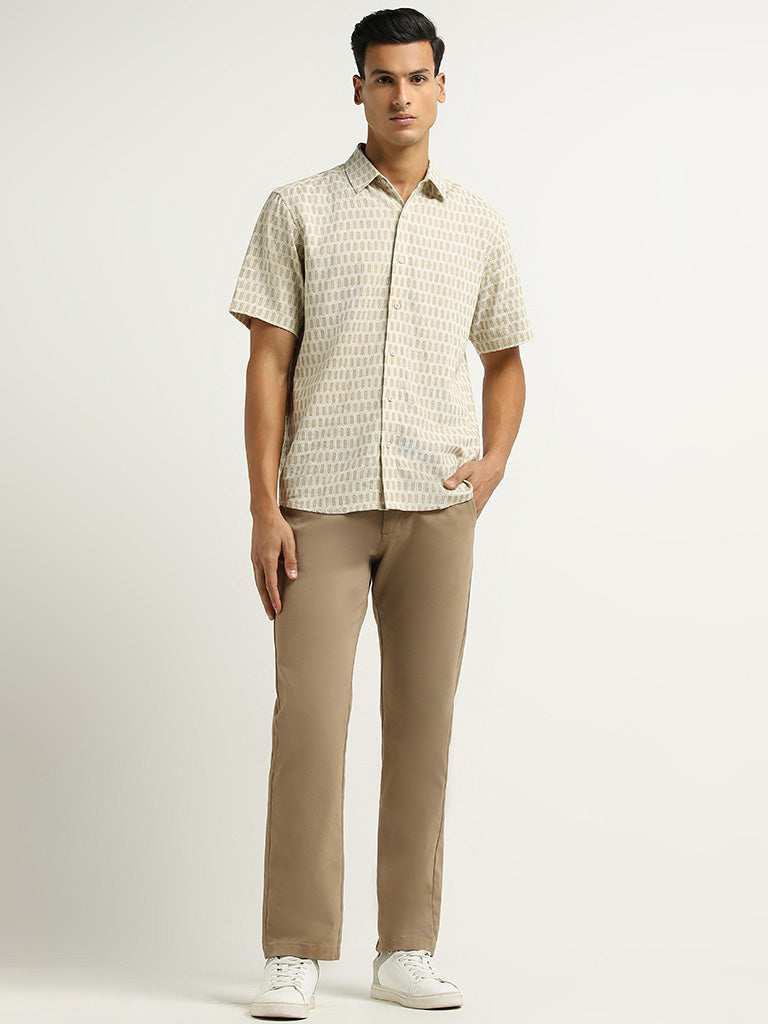 Ascot Beige Printed Relaxed Fit Blended Linen Shirt
