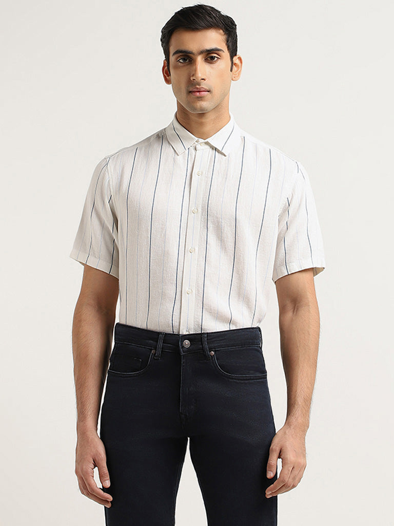 Ascot White Striped Relaxed Fit Blended Linen Shirt