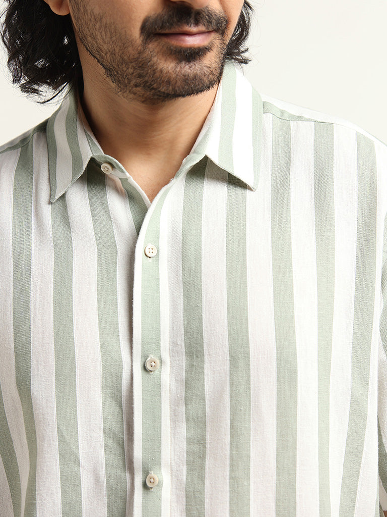 Ascot Sage Striped Relaxed Fit Blended Linen Shirt