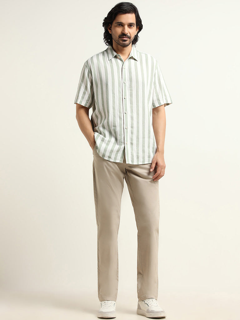 Ascot Sage Striped Relaxed Fit Blended Linen Shirt