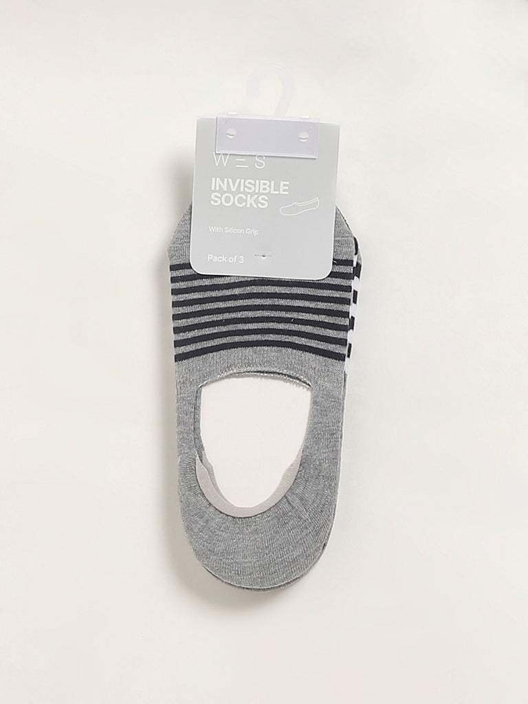 WES Lounge Grey Striped No-Show Cotton Blend Socks - Pack of 3