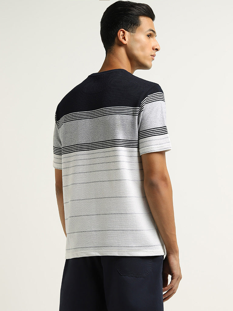 WES Lounge Grey Striped Cotton Blend Relaxed Fit T-Shirt
