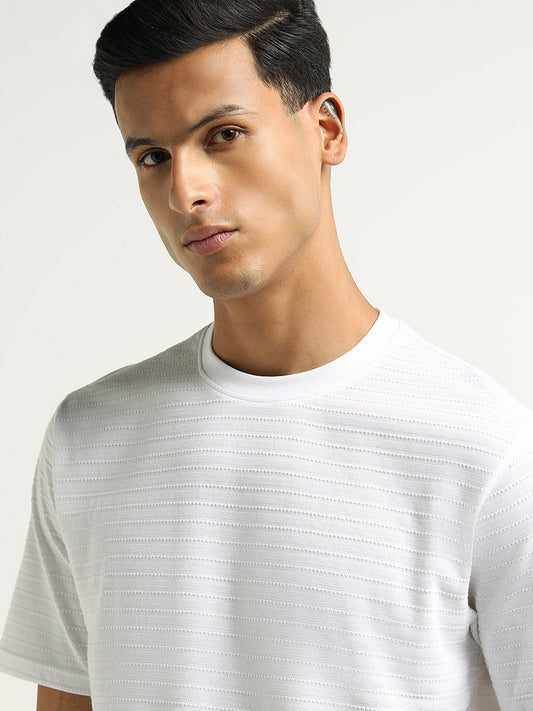 WES Lounge White Textured Cotton Blend Relaxed Fit T-Shirt
