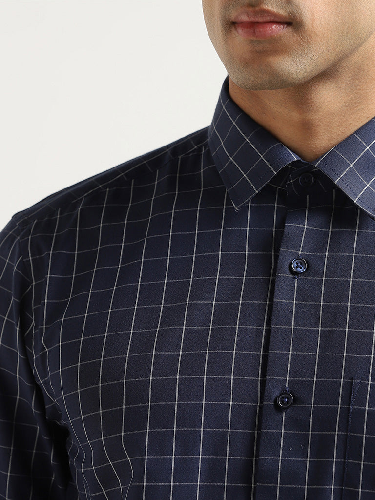 WES Formals Blue Checked Printed Relaxed Fit Shirt