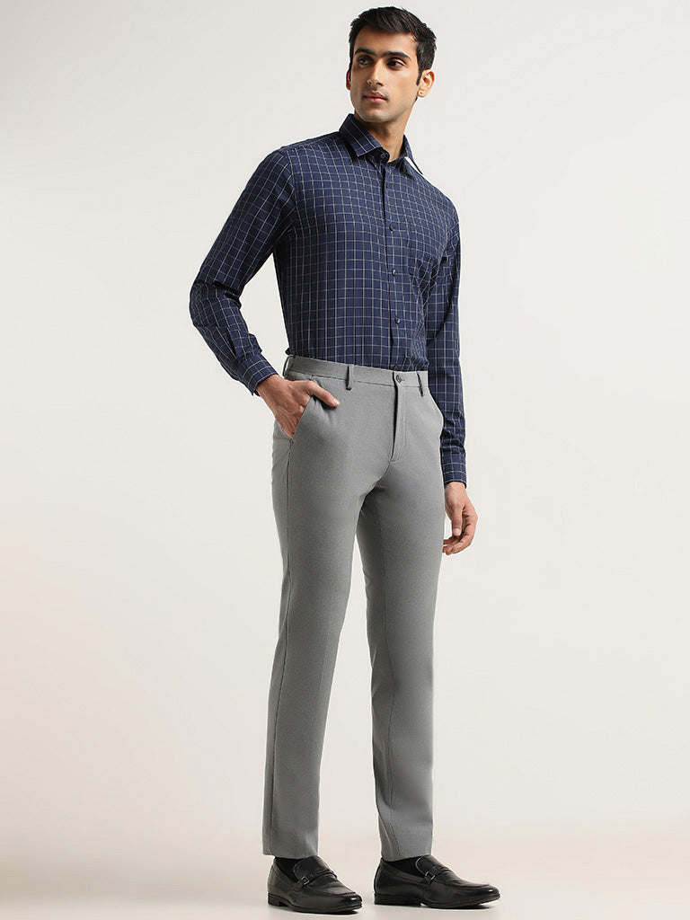 WES Formals Blue Checked Printed Cotton Relaxed Fit Shirt