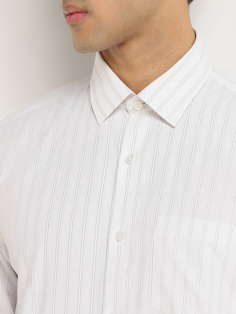 WES Formals White Striped Cotton Relaxed Fit Shirt