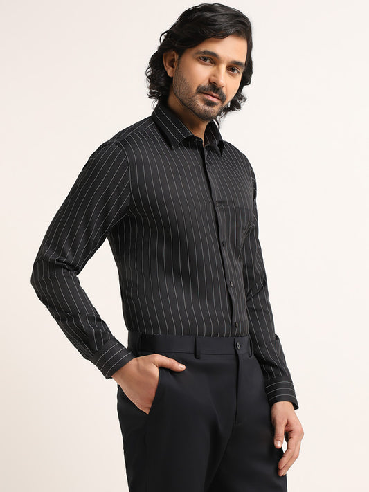 WES Formals Black Striped Cotton Slim Fit Shirt