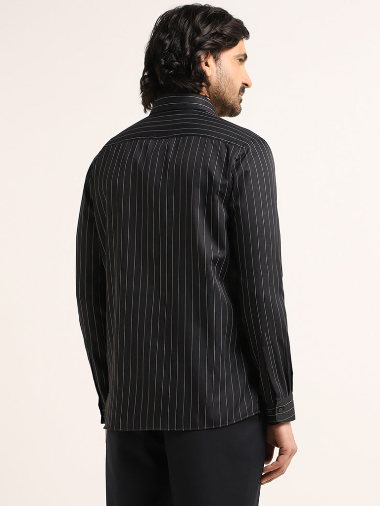 WES Formals Black Striped Cotton Slim Fit Shirt