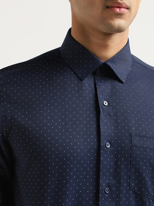 WES Formals Navy Polka-Dotted Slim Fit Shirt