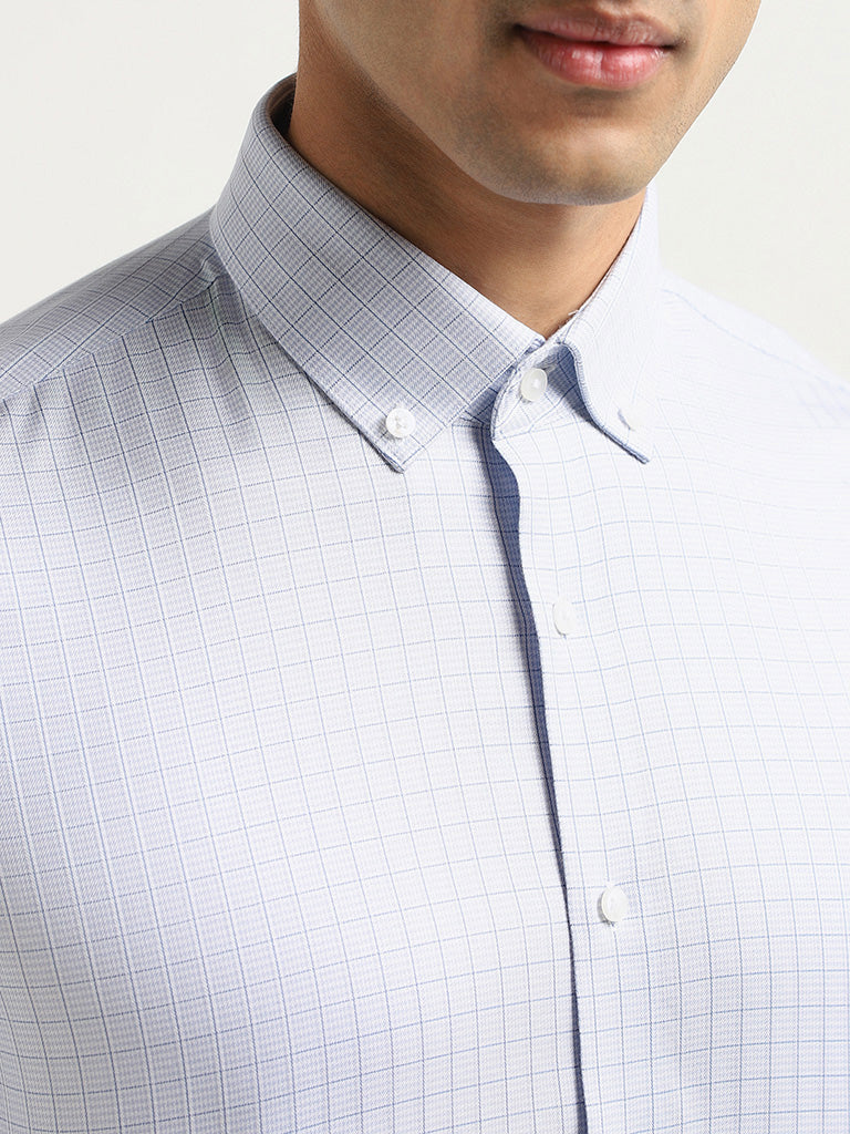 WES Formals Blue Graph Checked Cotton Slim Fit Shirt