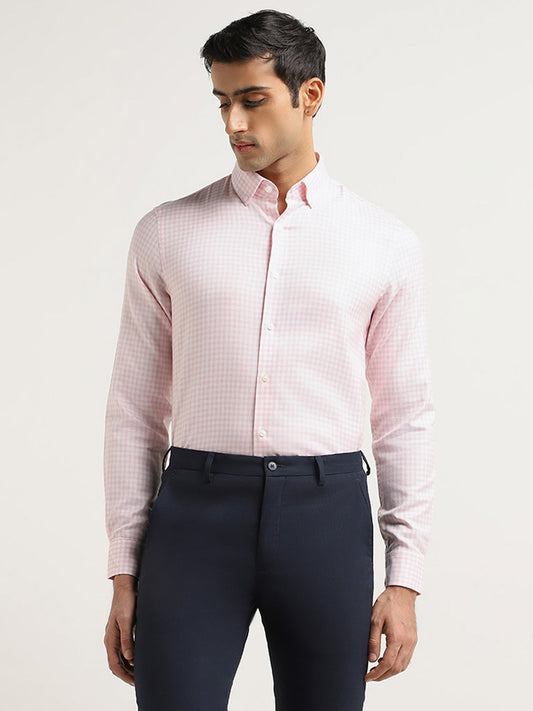 WES Formals Pink Checked Cotton Slim Fit Shirt
