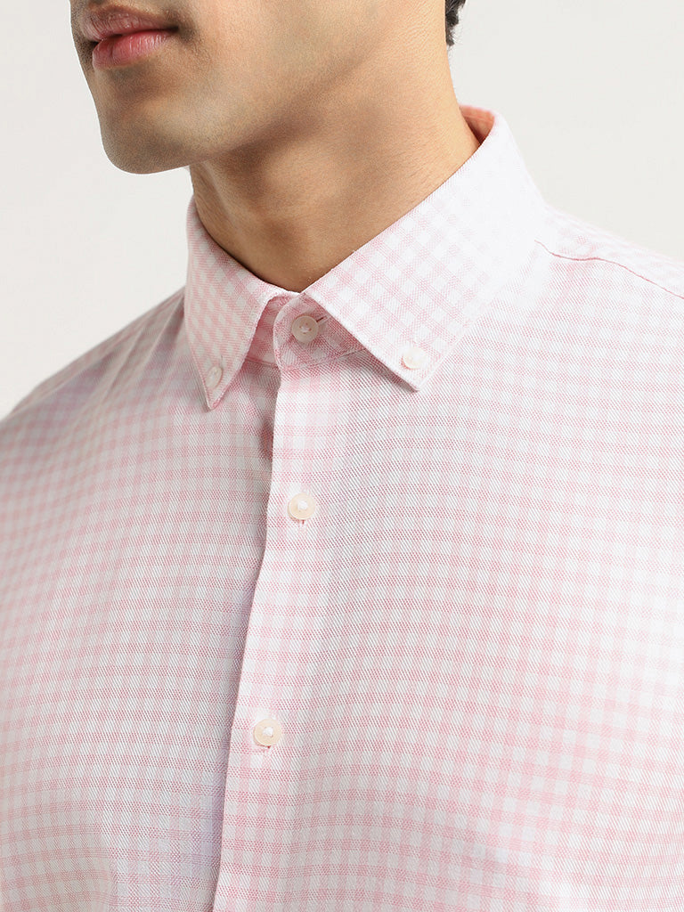 WES Formals Pink Checked Cotton Slim Fit Shirt
