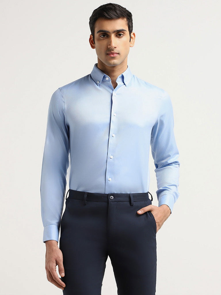 WES Formals Blue Self-Patterned Cotton Slim Fit Shirt
