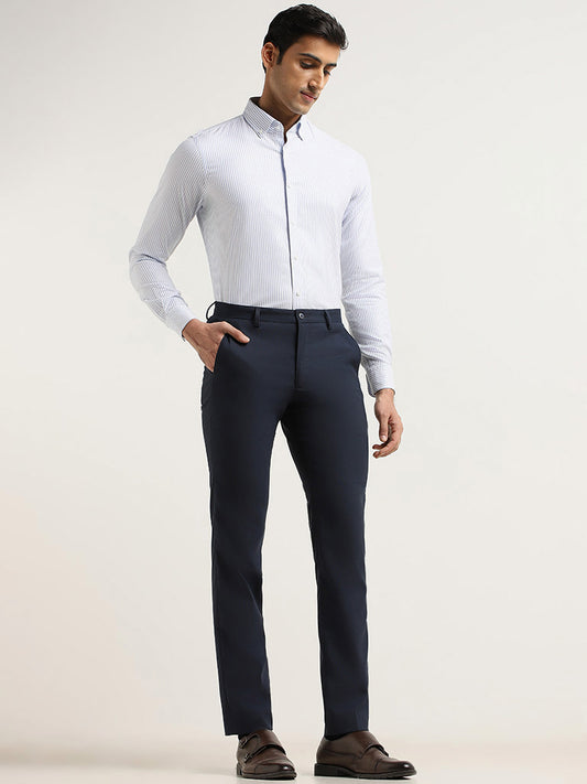 WES Formals Blue Striped Slim Fit Shirt