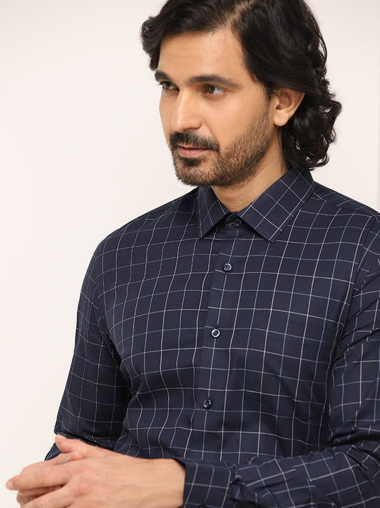 WES Formals Navy Checked Slim Fit Shirt