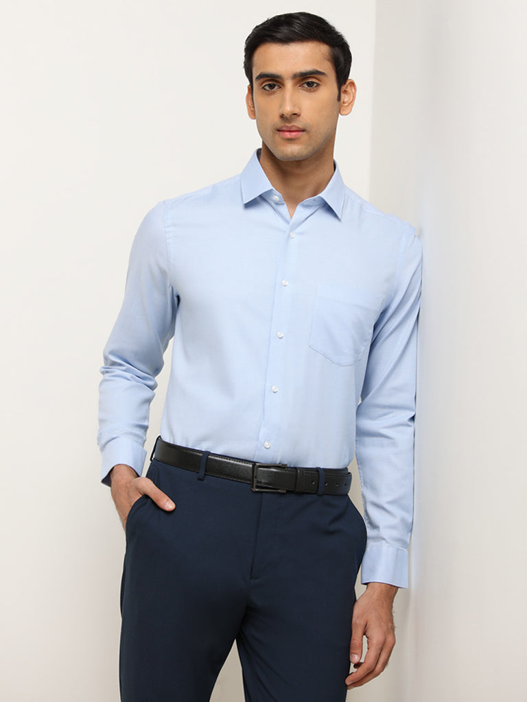 WES Formals Blue Cotton Slim-Fit Shirt
