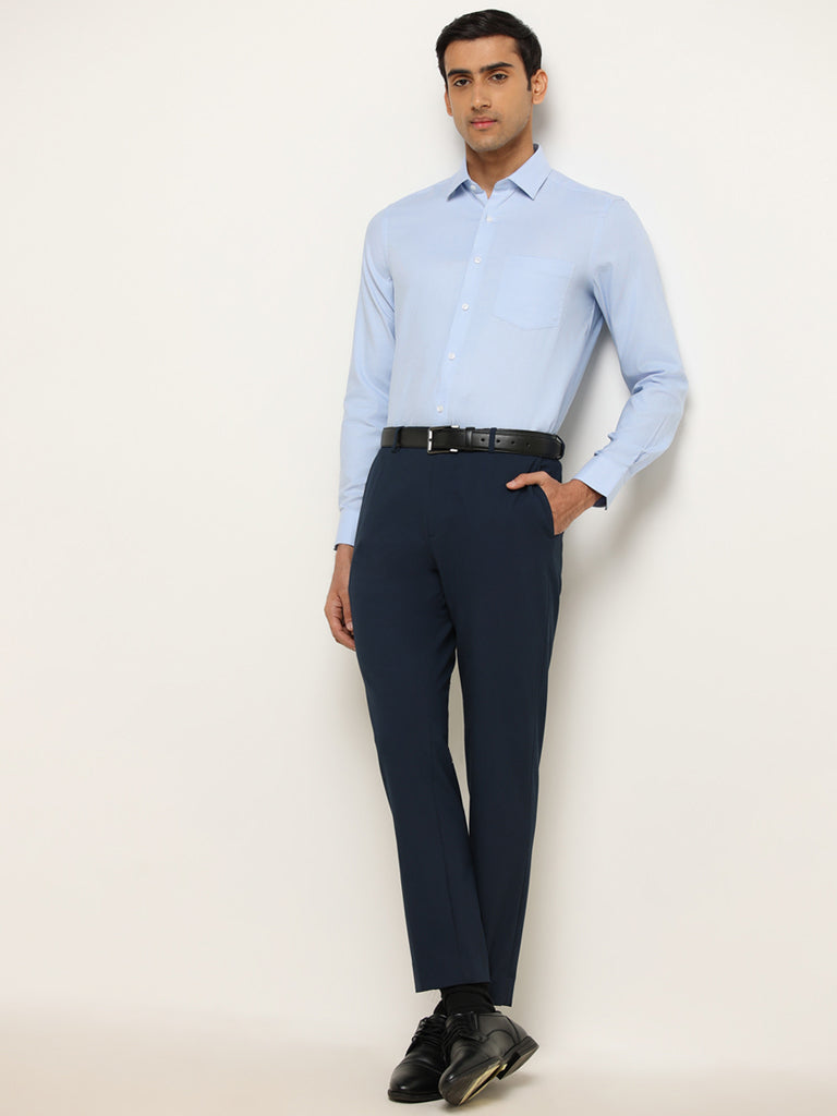 WES Formals Blue Cotton Slim-Fit Shirt