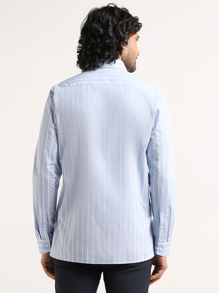 WES Formals Blue Striped Cotton Slim Fit Shirt