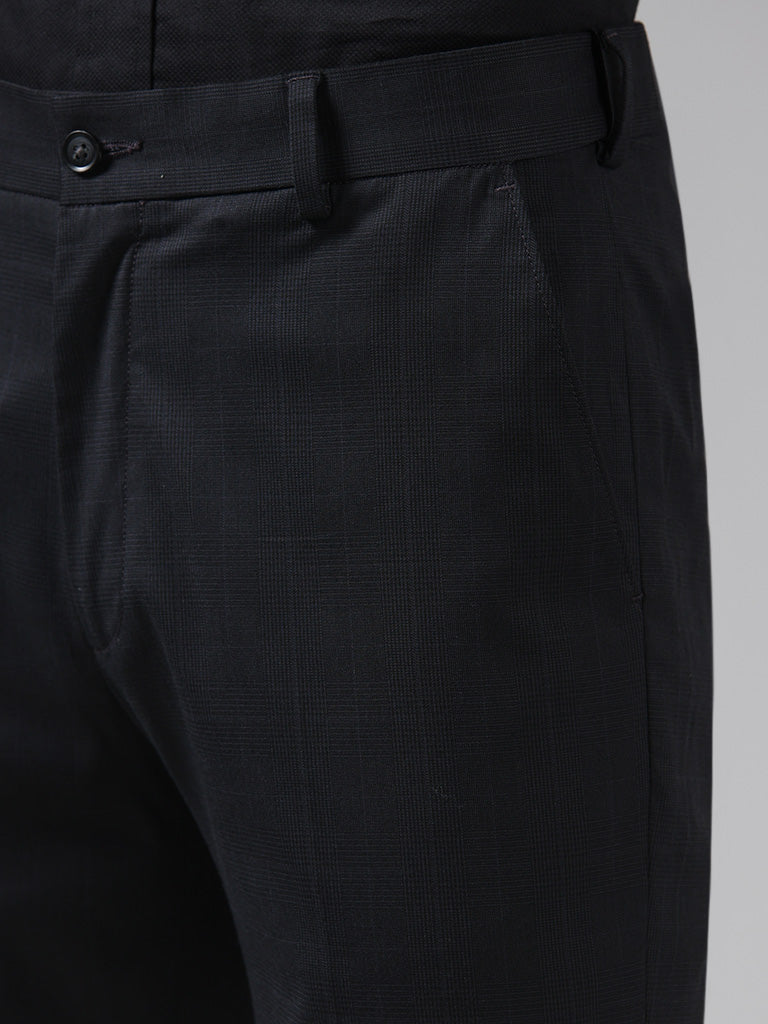WES Formals Checked Slim Tapered Fit Black Trousers