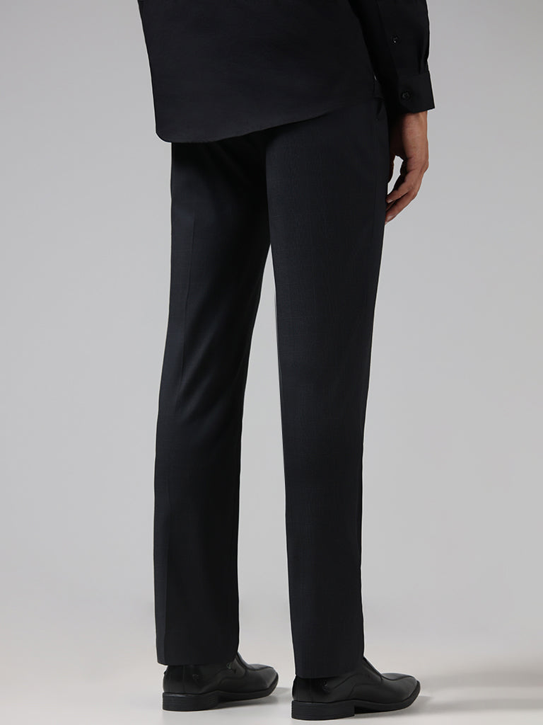 WES Formals Checked Slim Tapered Fit Black Trousers
