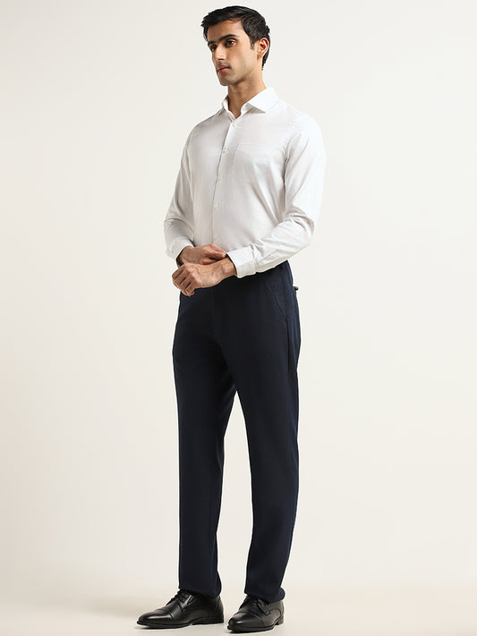 WES Formals Navy Plain Relaxed Fit Trousers
