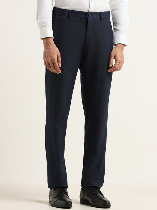 WES Formals Navy Plain Relaxed Fit Trousers