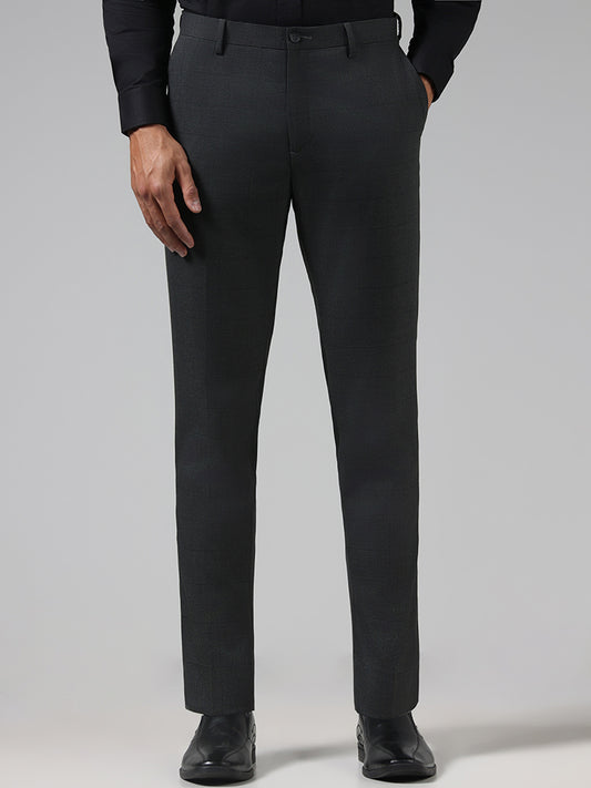 WES Formals Checked Slim Fit Grey Trousers