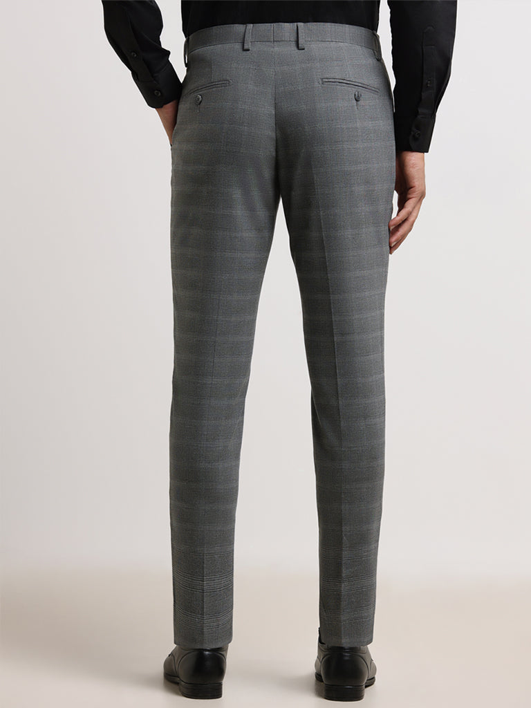 WES Formals Grey Slim Cotton Tapered Fit Trousers