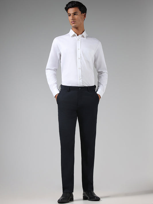 WES Formals Navy Striped Slim Tapered Fit Trousers
