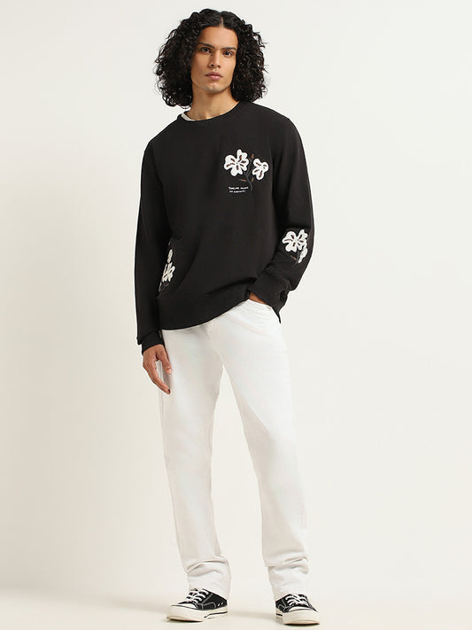 Nuon Black Floral Cotton Relaxed Fit Sweatshirt