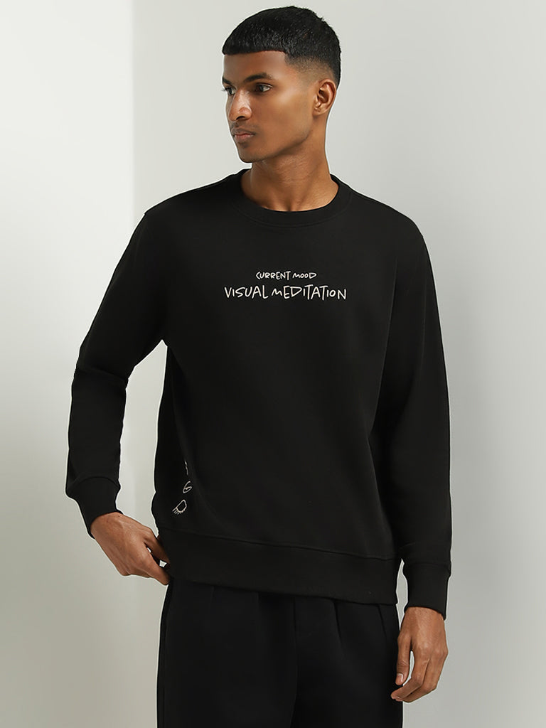 Nuon Black Slogan Printed Cotton Blend Slim Fit Sweatshirt
