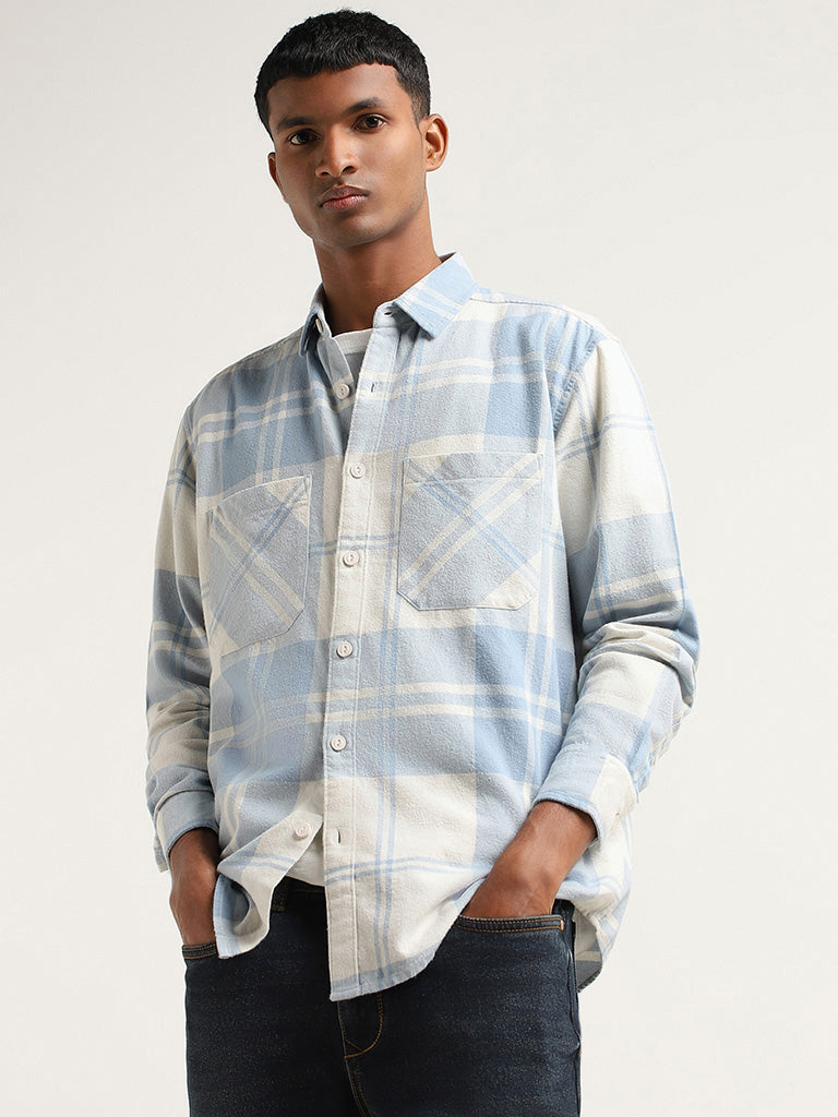 Nuon Blue Checked Printed Relaxed Fit Shirt