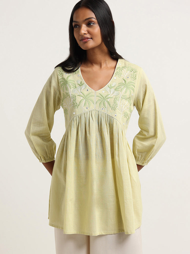 Utsa Lime Embroidered Cotton Tunic