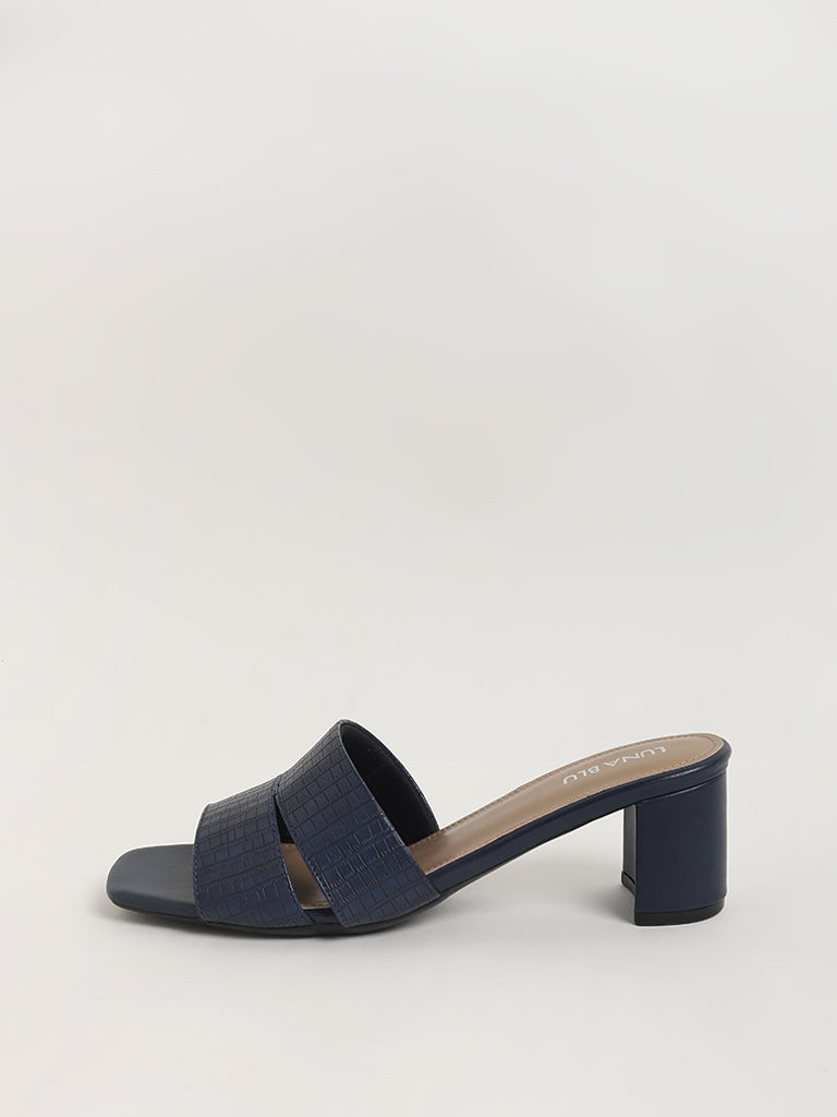 LUNA BLU Blue Textured Block Heel Sandals