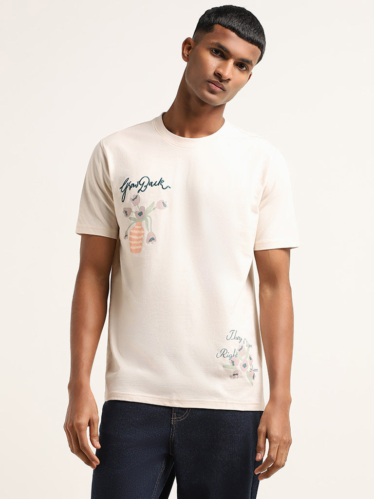 Nuon Light Pink Printed Slim-Fit T-Shirt