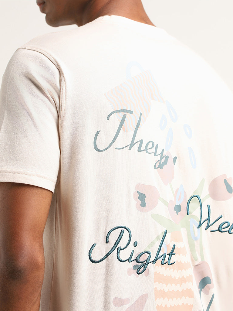Nuon Light Pink Printed Slim-Fit T-Shirt