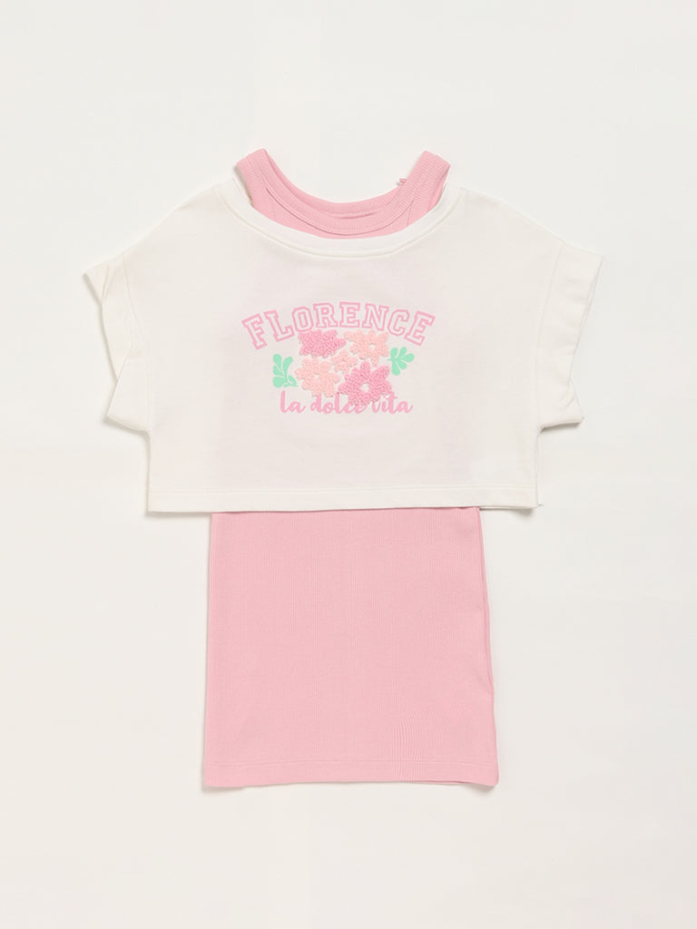 HOP Kids Pink & White Floral Printed Crop Top with Dress