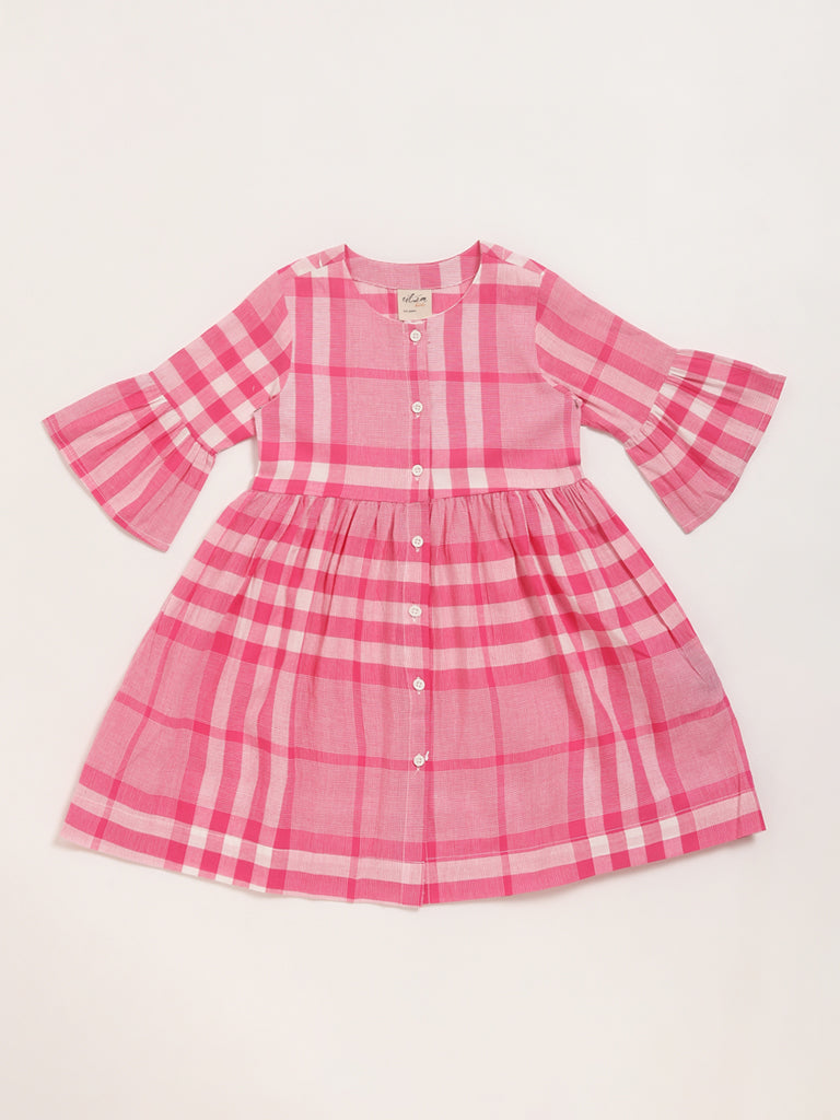 Utsa Kids Pink Checked Gathered Dress (2 - 8yrs)